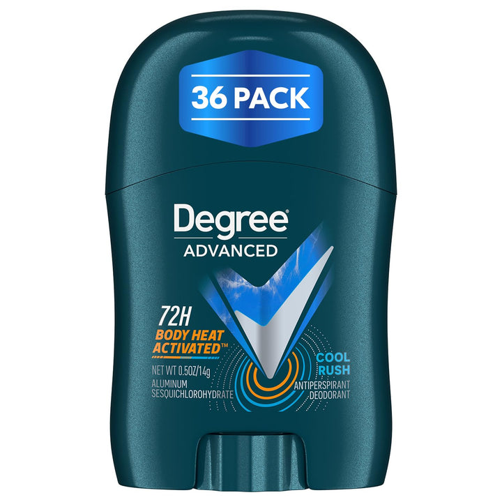 Degree front packaging of 36-pack showing compact travel-ready sticks and benefit