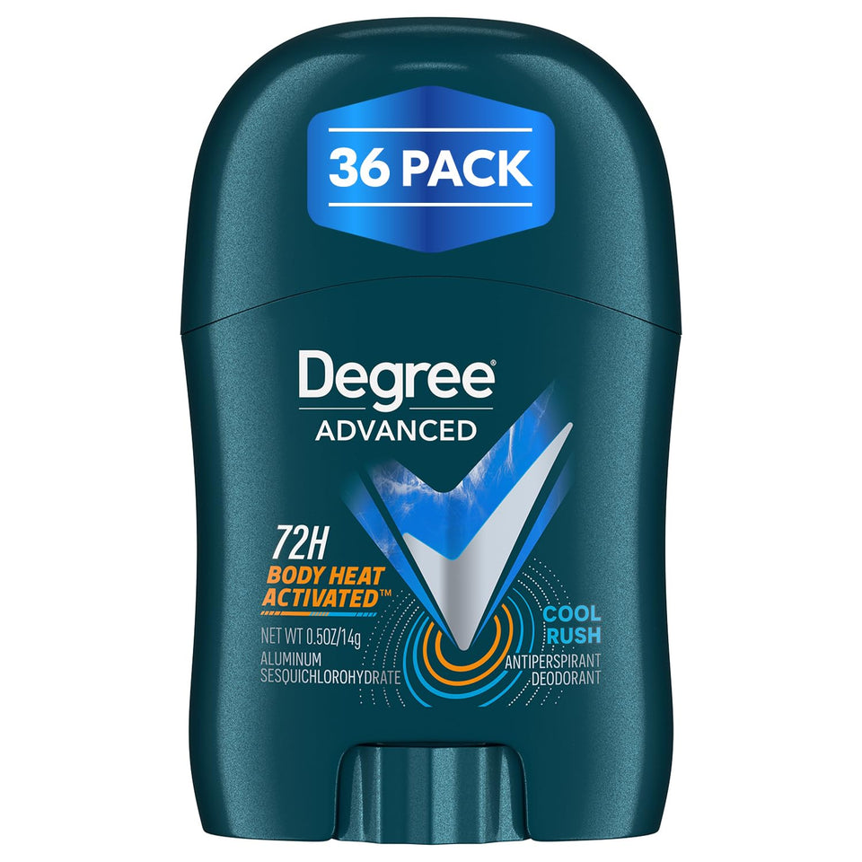 Degree front packaging of 36-pack showing compact travel-ready sticks and benefit