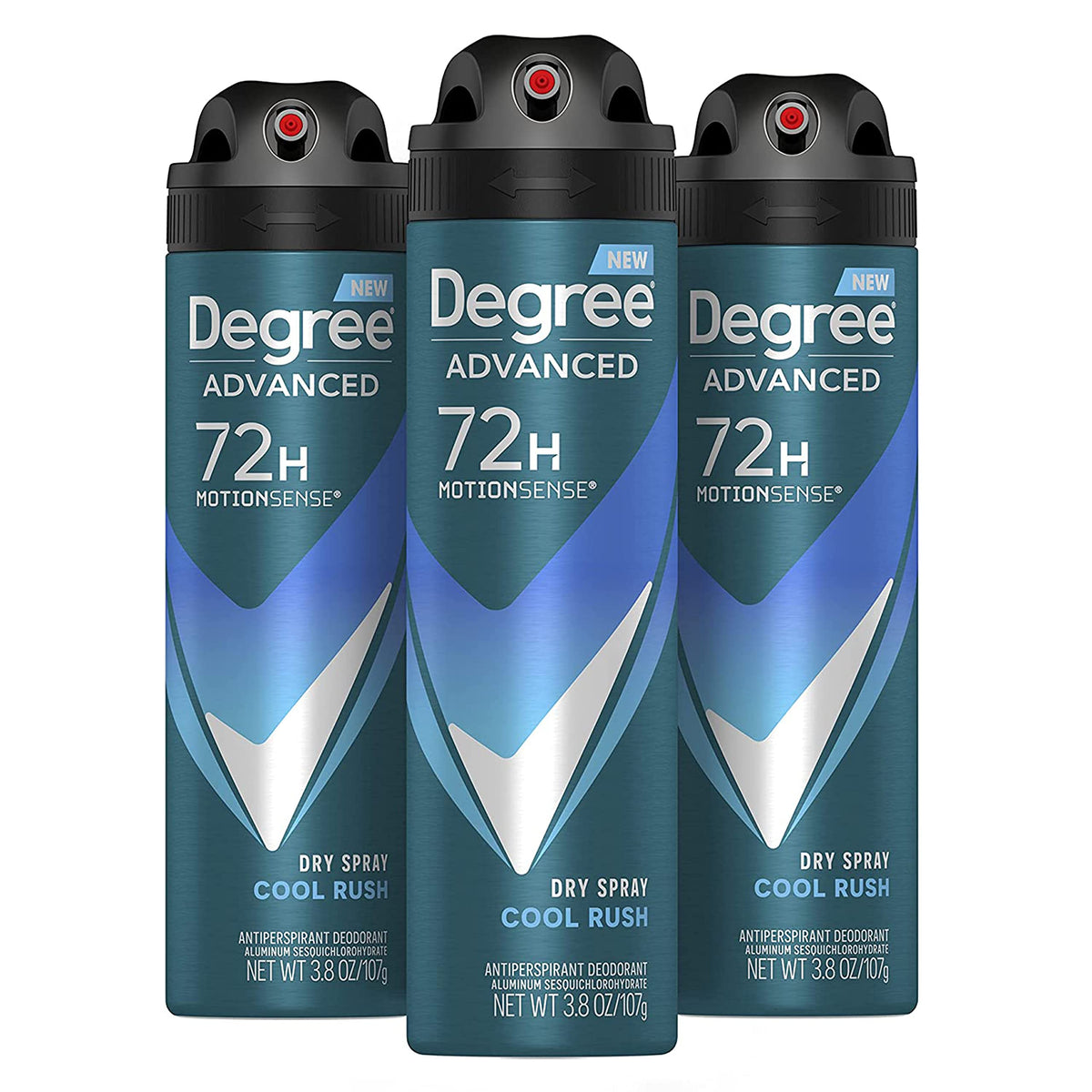 Degree Cool Rush front packaging showing three cans and clear branding for confidence