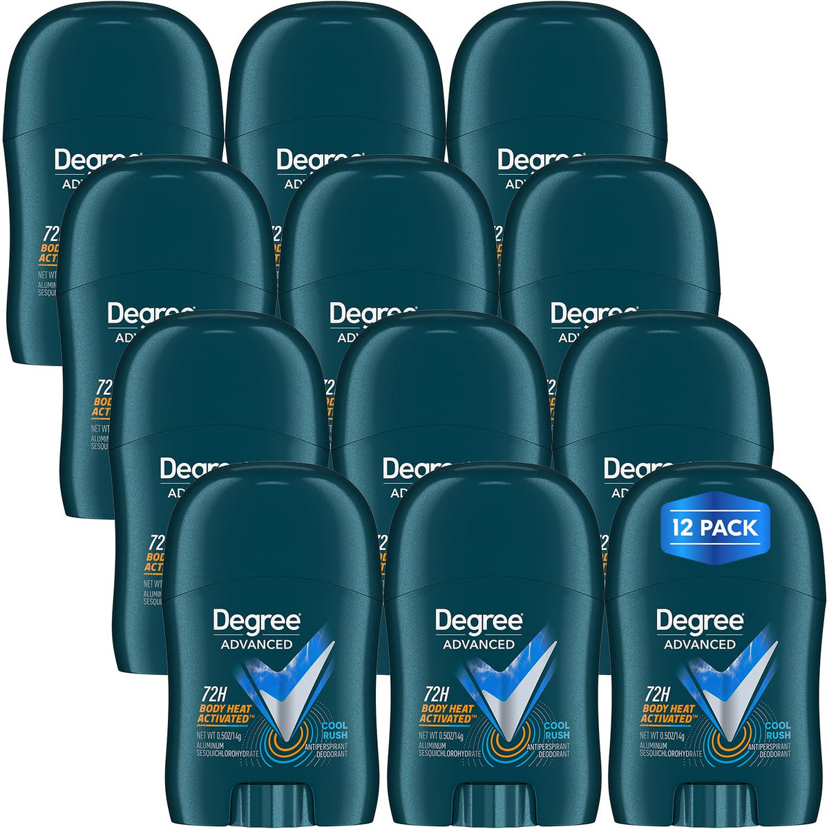 Degree front packaging showing 12-pack and travel convenience