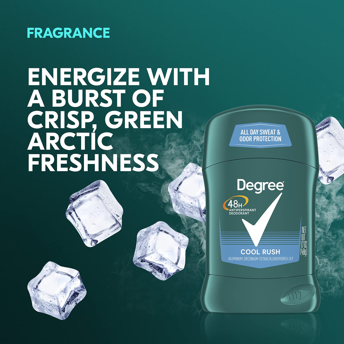Degree Cool Rush held in hand to show compact 1.7 oz size and portability