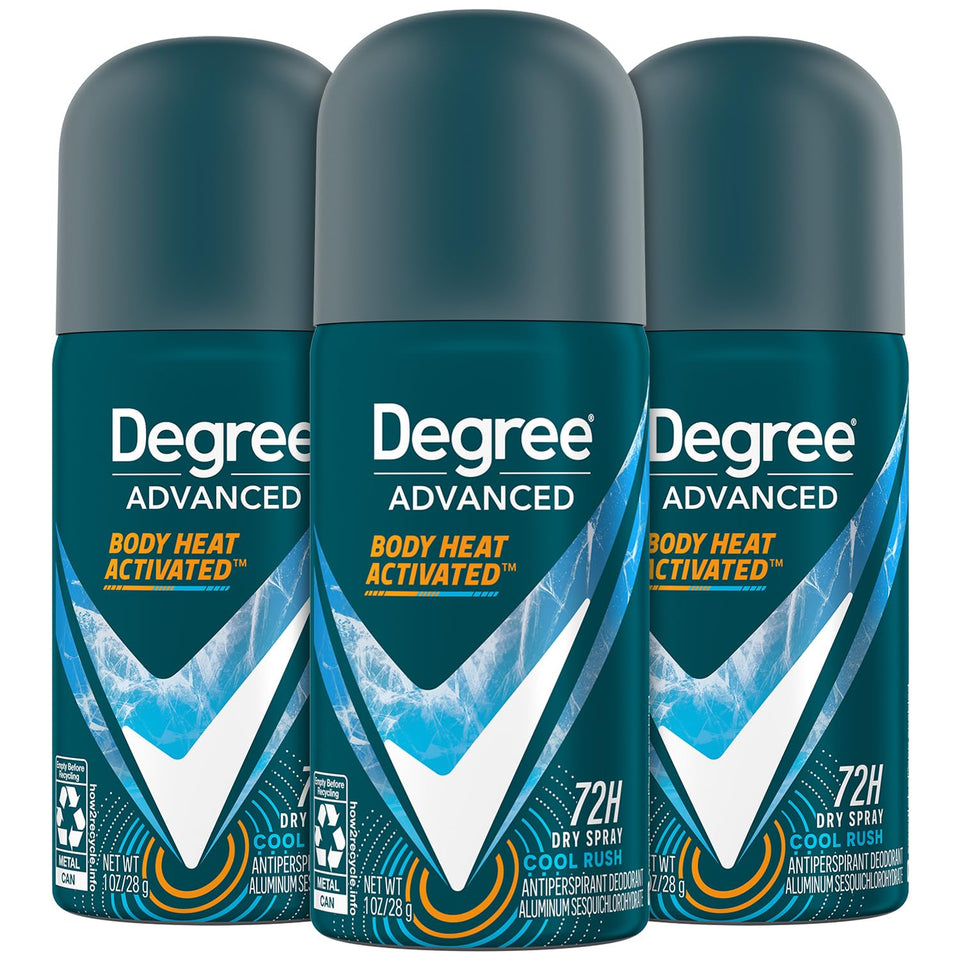 Degree Cool Rush 3-pack front view showing compact travel cans and bold branding for convenience