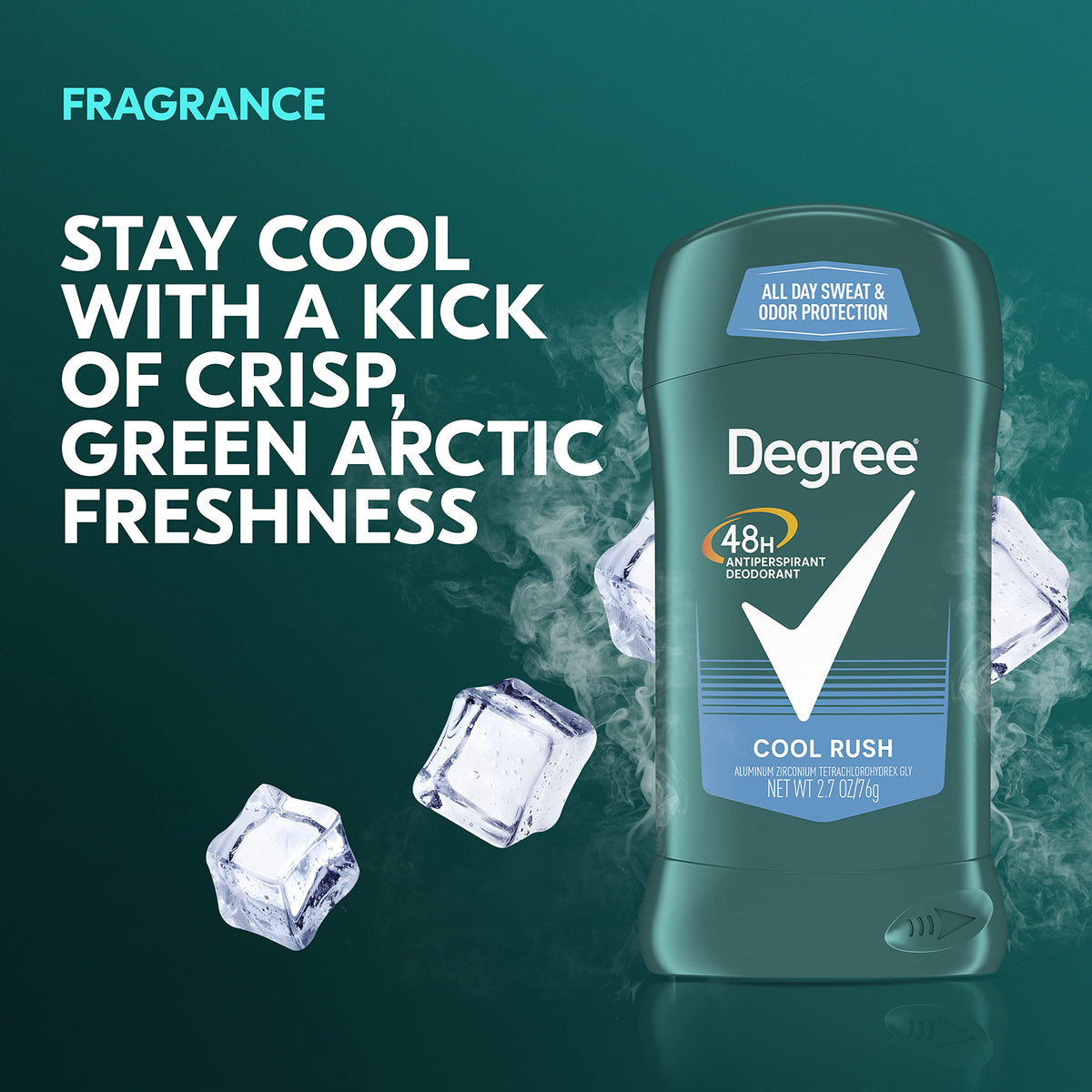 Degree Cool Rush with icy-blue background conveying crisp cool freshness
