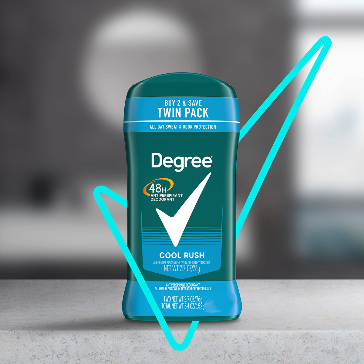 Degree Cool Rush twin pack box staged for travel-ready convenience and reliability