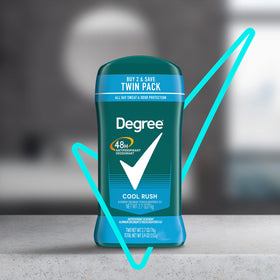 Degree Cool Rush twin pack box staged for travel-ready convenience and reliability