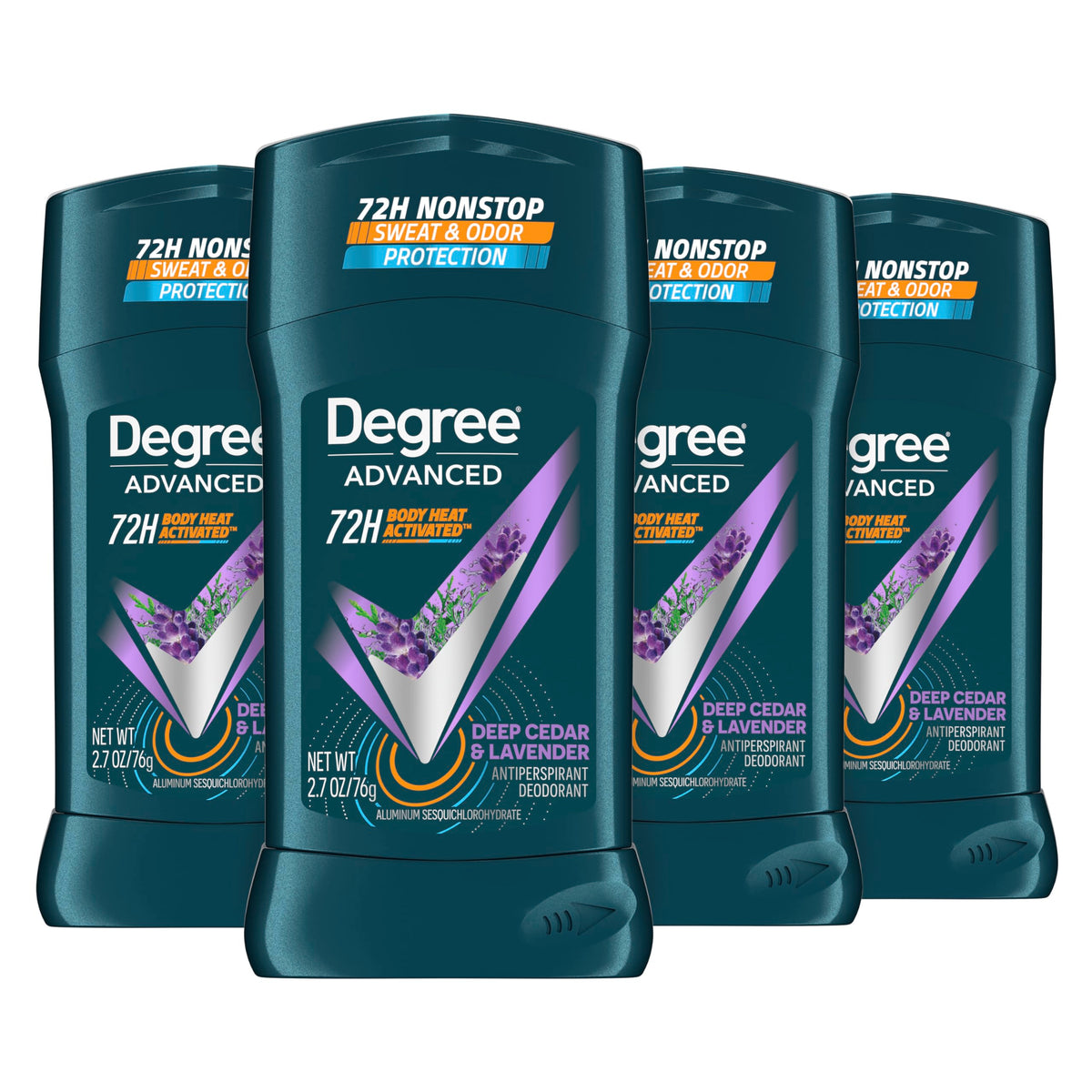 Degree front packaging showing 4-pack and long-lasting protection benefit