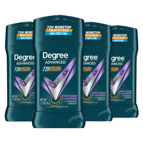 Degree front packaging showing 4-pack and long-lasting protection benefit