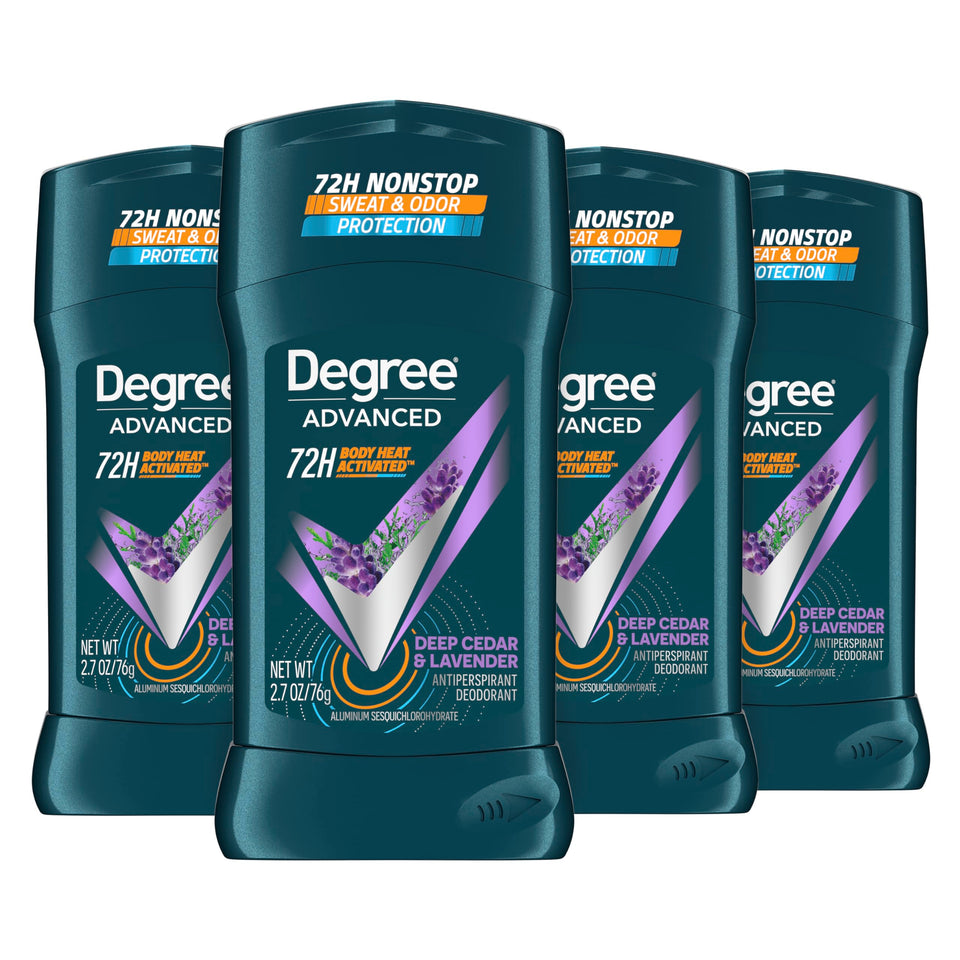 Degree front packaging showing 4-pack and long-lasting protection benefit