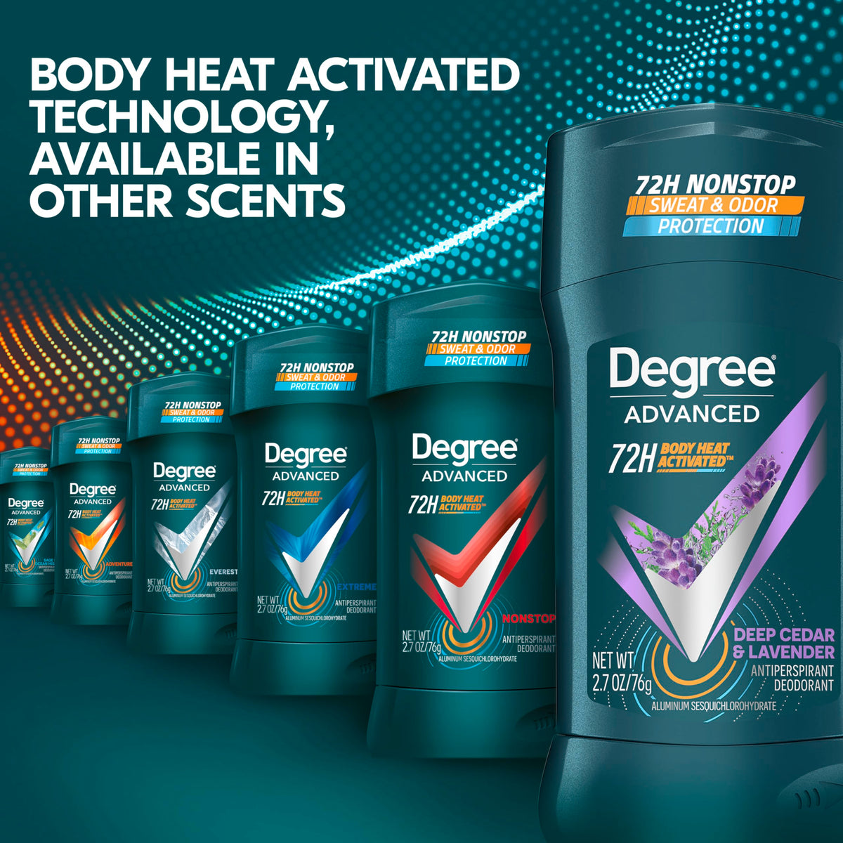 Degree product label close-up showing recyclable packaging benefit