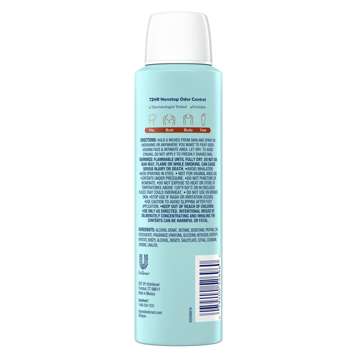 Degree close-up label highlighting aluminum-free formula and directions