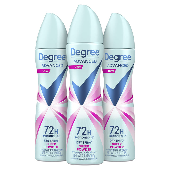 Degree front can showing sheer powder scent and 72-hour protection benefit