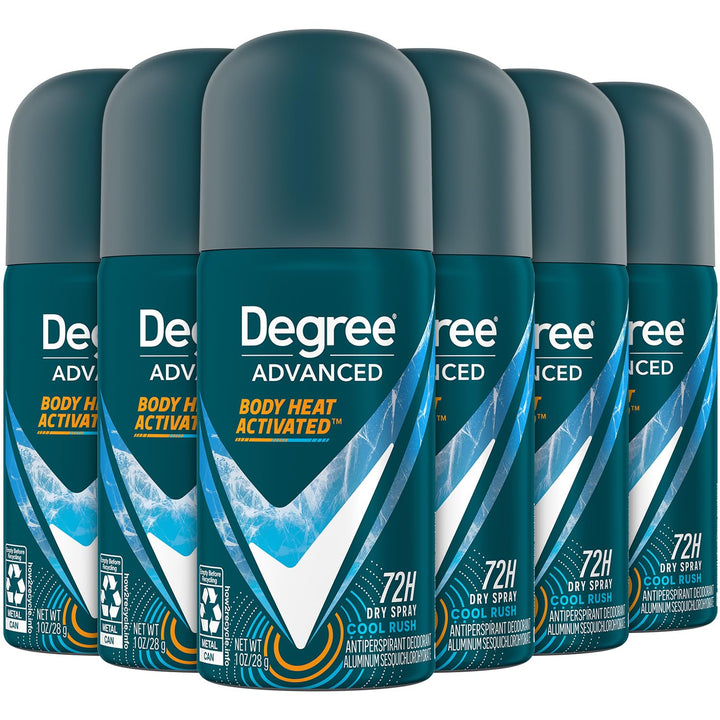 Degree front packaging showing Cool Rush 6-pack and compact travel benefit