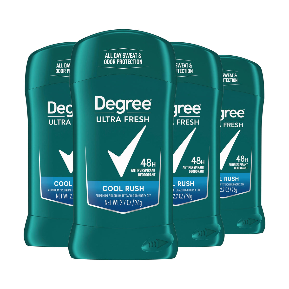 Degree front packaging showing four cool rush sticks and protection benefits