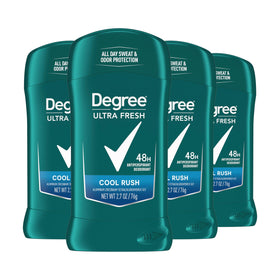 Degree front packaging showing four cool rush sticks and protection benefits