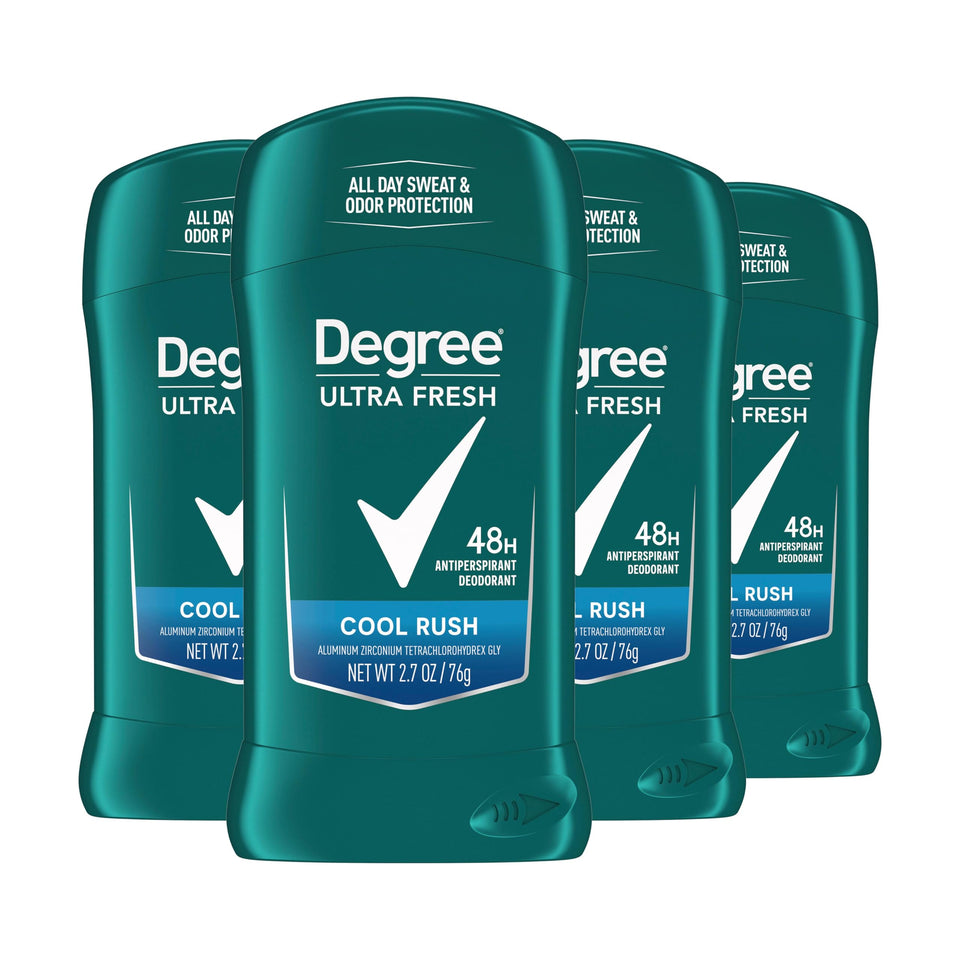 Degree front packaging showing four cool rush sticks and protection benefits
