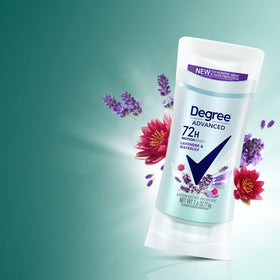 Degree product label close-up showing scent and active antiperspirant ingredients