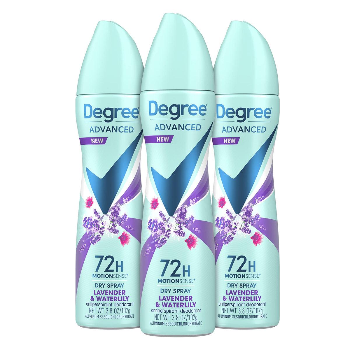 Degree front packaging showing lavender waterlily scent and 72-hour benefit