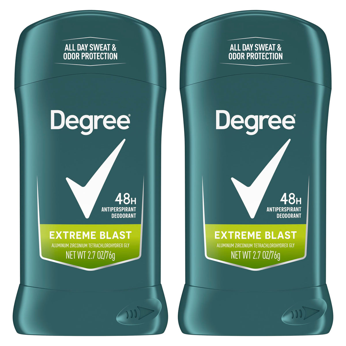 Degree front packaging twin pack showing product benefits for reliable protection