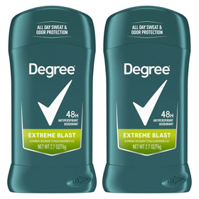 Degree front packaging twin pack showing product benefits for reliable protection