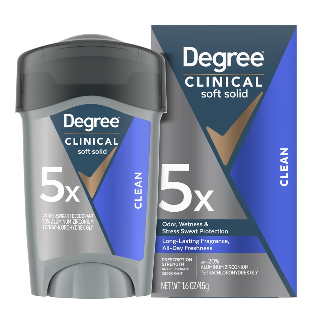 Degree men's front stick showing product and compact size for reliable protection