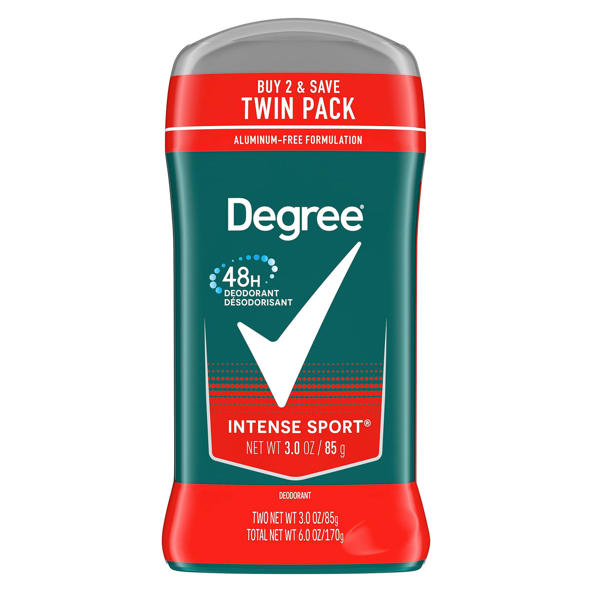 Degree men Intense Sport front packaging showing two-stick pack and fresh scent benefit