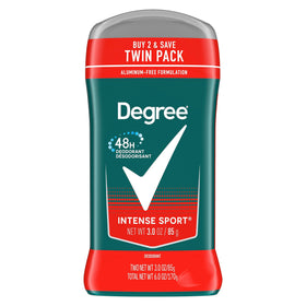 Degree men Intense Sport front packaging showing two-stick pack and fresh scent benefit