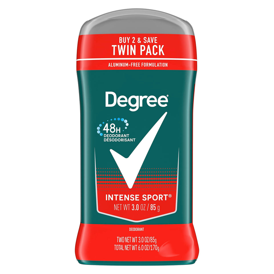Degree men Intense Sport front packaging showing two-stick pack and fresh scent benefit