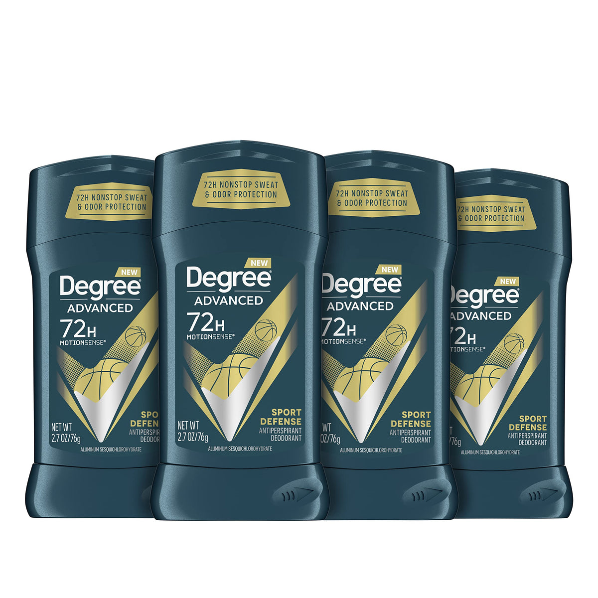 Degree front packaging showing 4-count sport defense for long-lasting protection