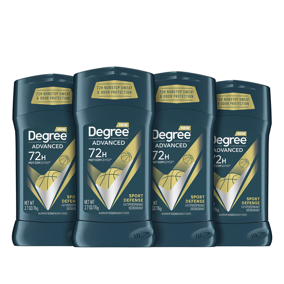 Degree front packaging showing 4-count sport defense for long-lasting protection