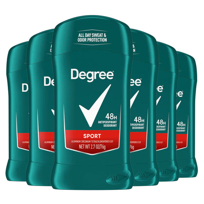 Degree Men Sport front packaging showing six 2.7 oz sticks for long-lasting supply