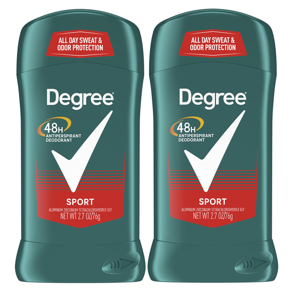 Degree men front packaging twin pack showing two sticks for lasting protection