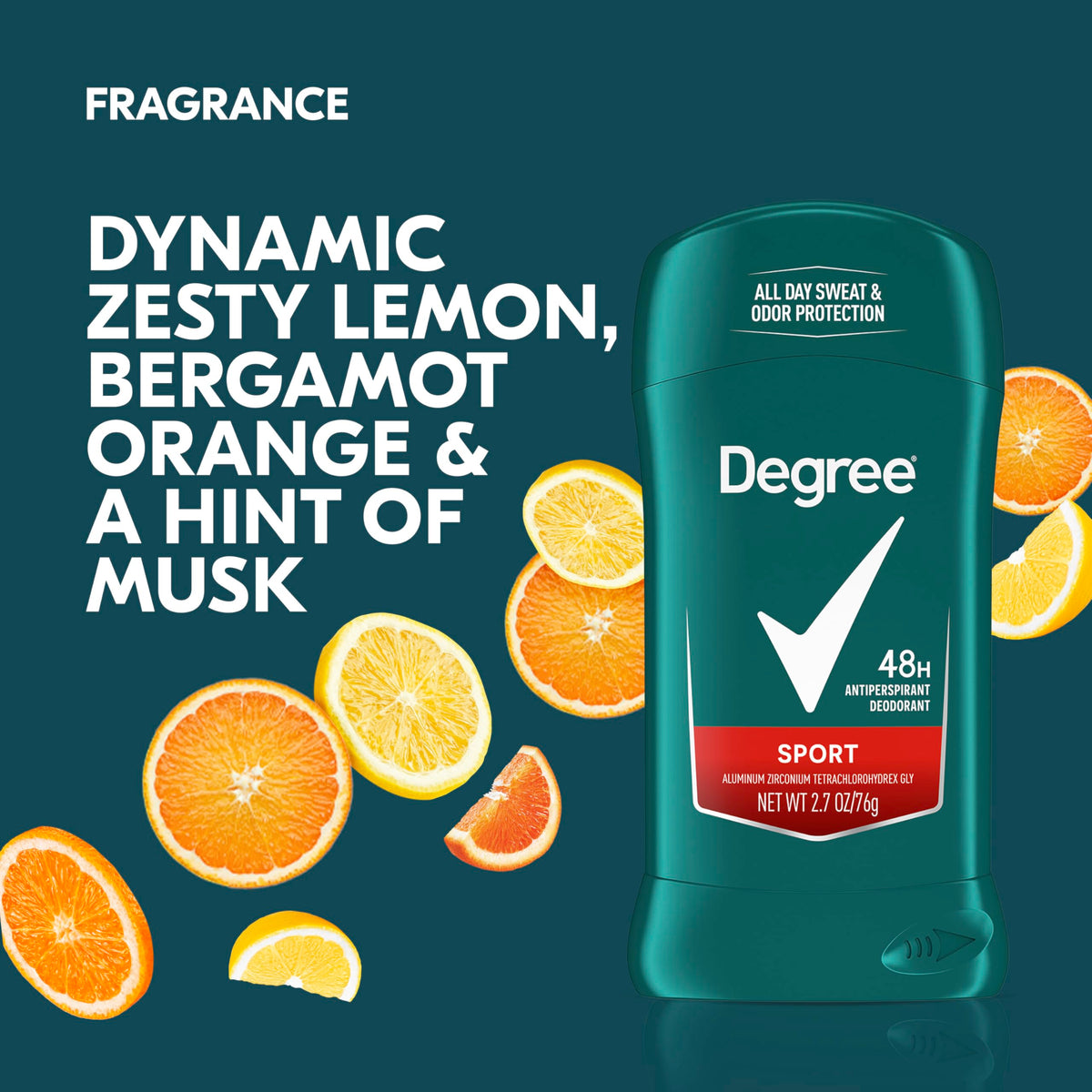 Degree Men Sport label detail showing scent notes and protection claims
