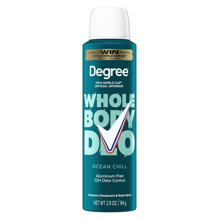 Degree front packaging showing clean Ocean Chill branding and size benefit
