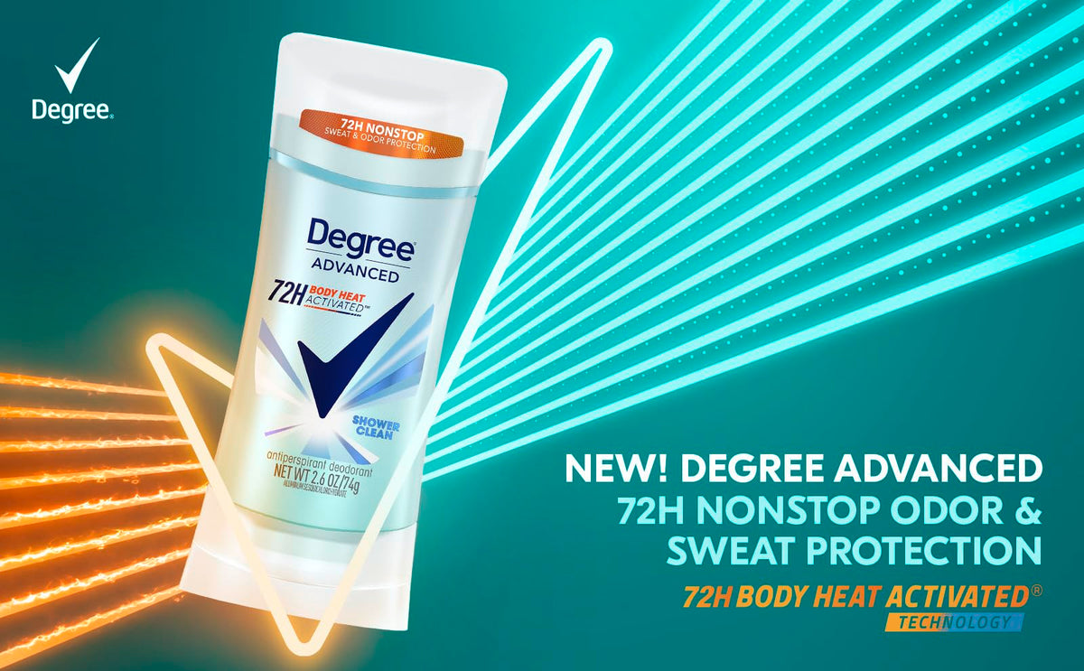 Degree pack size and count showing four sticks for long-lasting value benefit