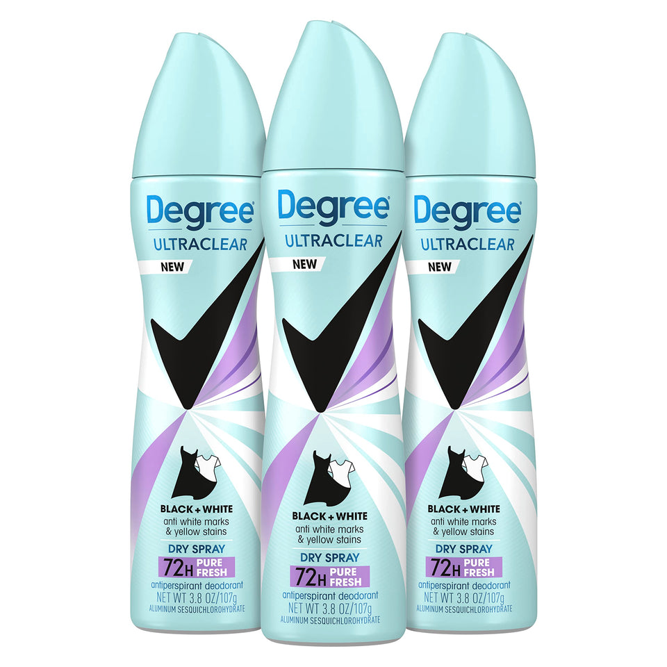Degree Pure Fresh front packaging showing three cans and confident protection