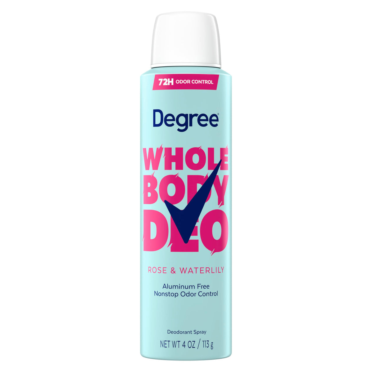 Degree spray front packaging showing Rose & Waterlily scent and benefit of 72h odor protection