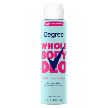 Degree spray front packaging showing Rose & Waterlily scent and benefit of 72h odor protection