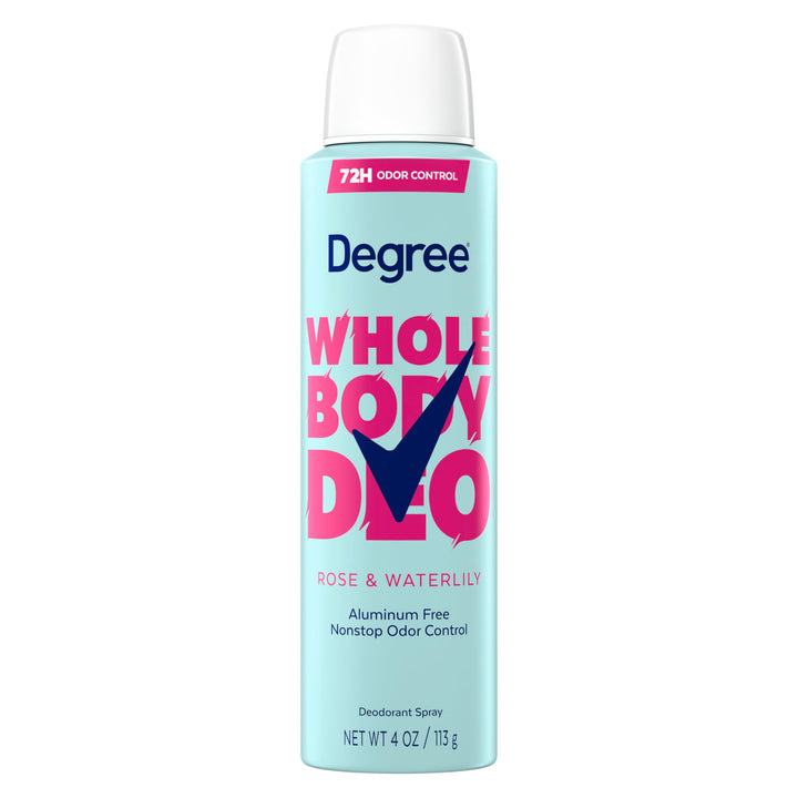 Degree spray front packaging showing Rose & Waterlily scent and benefit of 72h odor protection