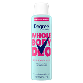 Degree front packaging showing rose and waterlily scent, travel-ready freshness