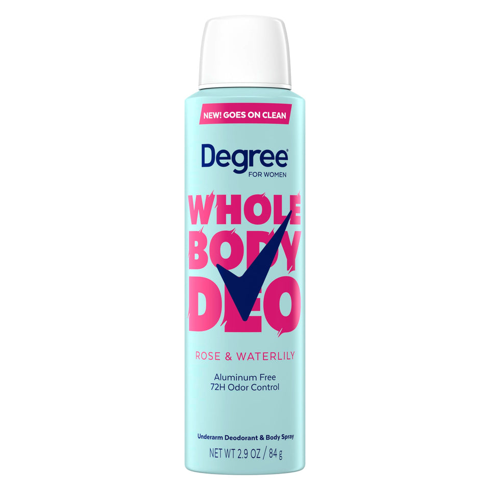 Degree front packaging showing rose and waterlily scent, travel-ready freshness