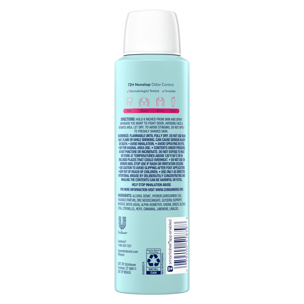 Degree product side label close-up showing ingredients and aluminum-free benefit