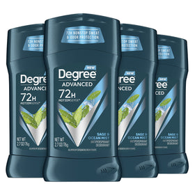 Degree Sage & Ocean pack front showing four 2.7 oz sticks, convenient multi-pack
