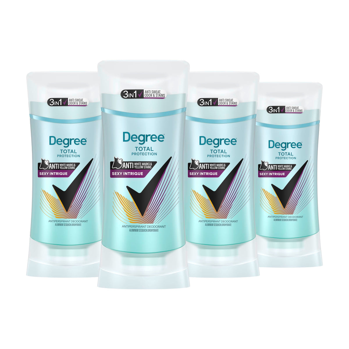 Degree Sexy Intrigue front pack showing four sticks and branding for reliable protection