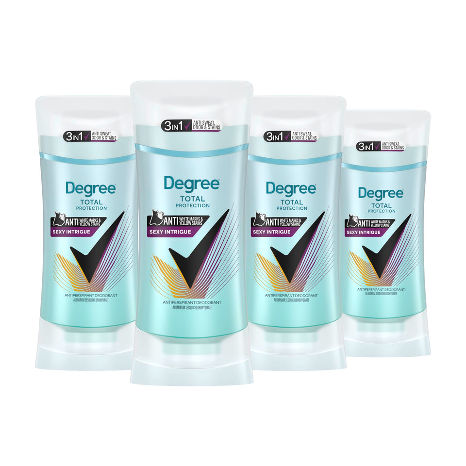 Degree Sexy Intrigue front pack showing four sticks and branding for reliable protection
