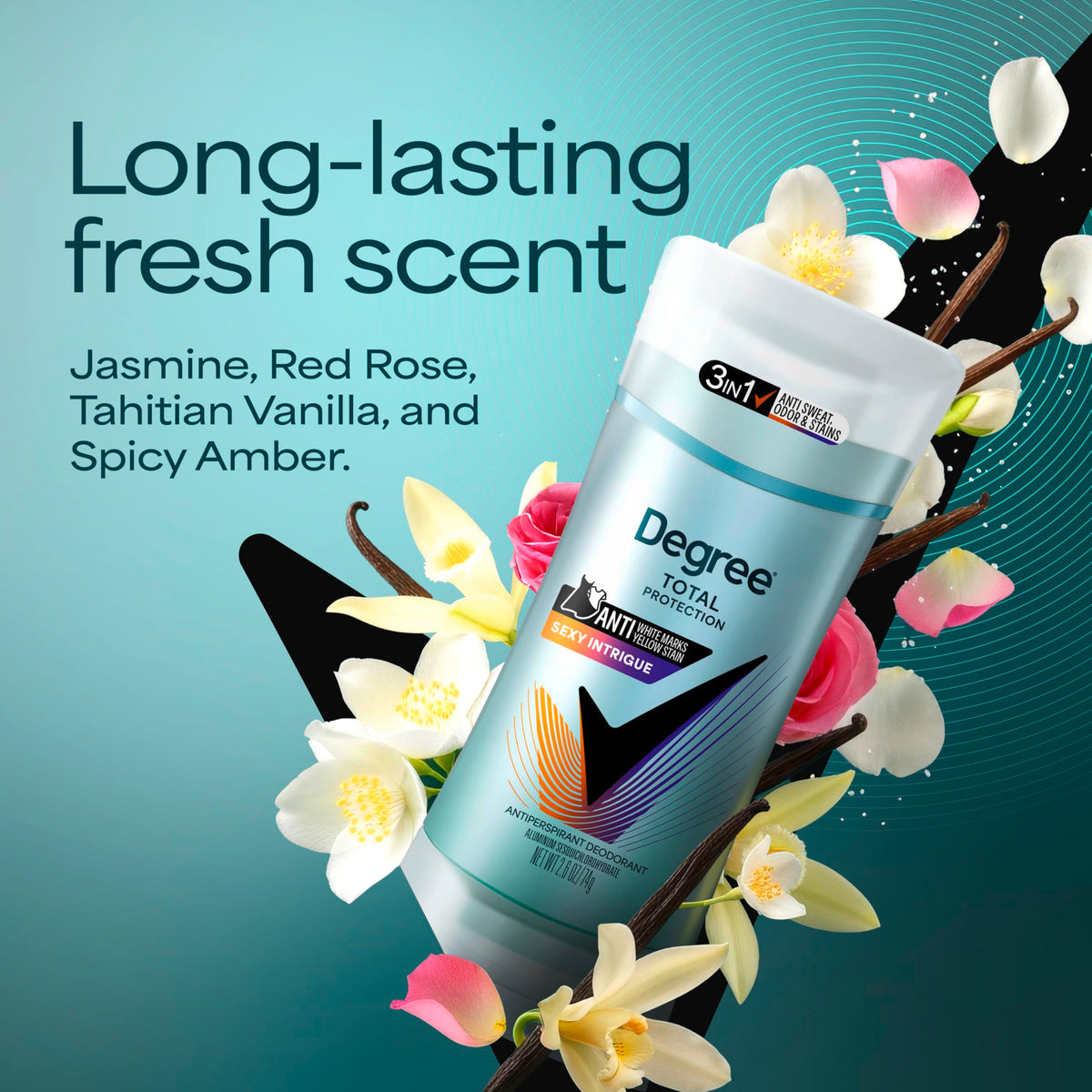 Degree Sexy Intrigue held in hand to show compact 2.6 oz size and travel convenience