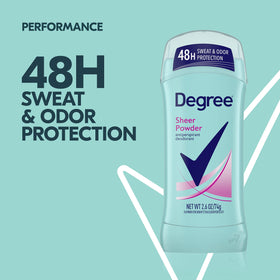 Woman applying Degree Sheer Powder underarm, Degree keeps skin dry and confident