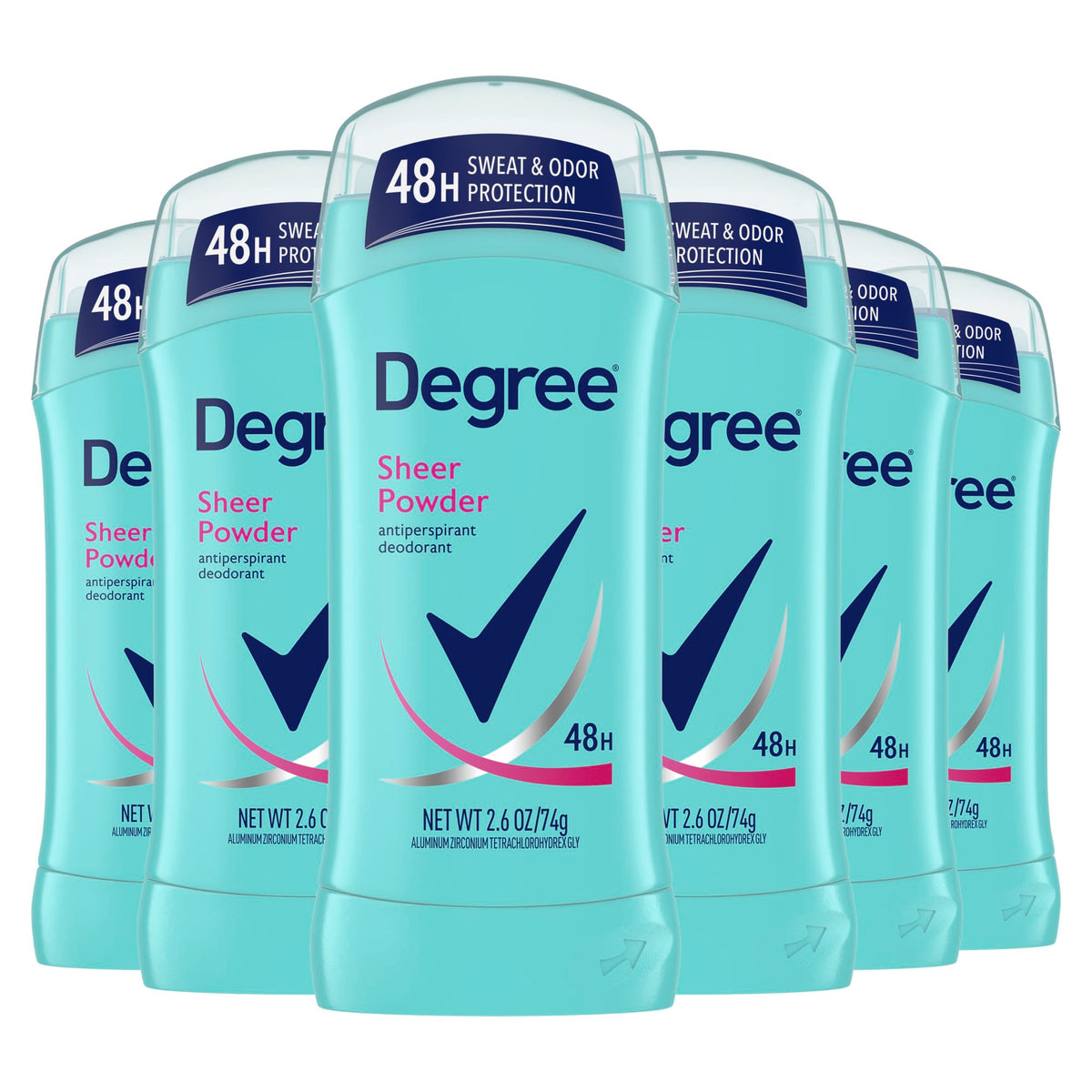 Degree Sheer Powder front packaging showing clear stick and branding, travel-ready protection