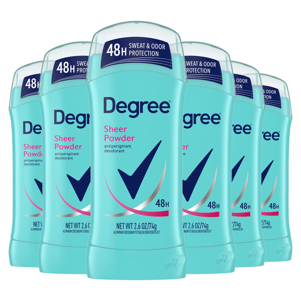 Degree Sheer Powder front packaging showing clear stick and branding, travel-ready protection