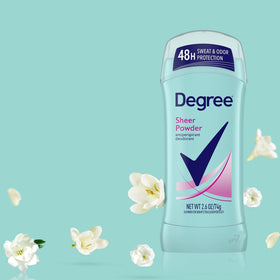 Degree Sheer Powder with recycle symbol on packaging, Degree steps toward recyclability