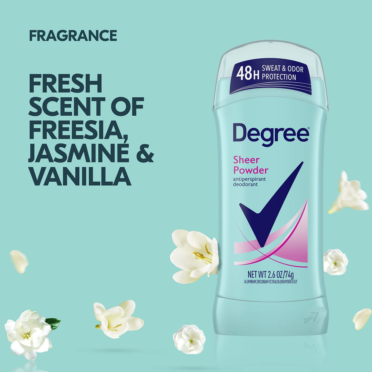 Close-up of Degree Sheer Powder texture showing smooth clear solid, comfortable glide